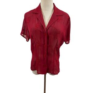 Vtg‎ 90s Sheer Red Embroidered Top Buttons Up  Sz S Romantic Whimsigoth Fairy